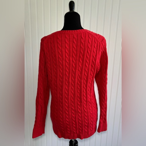 LL Bean Red Cable Knit Sweater Women’s Size Large V Neck Cotton - Picture 5 of 13
